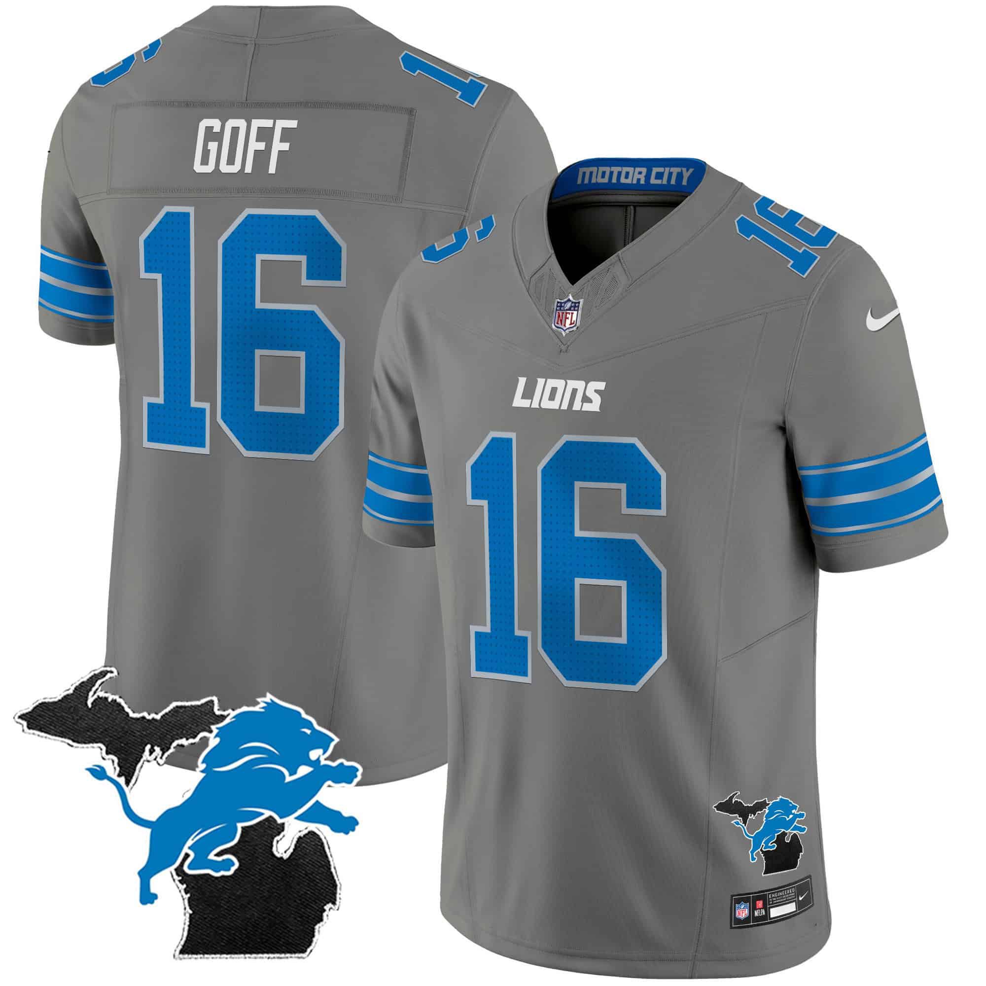 Men Detroit Lions #16 Goff Grey 2024 Nike Michigan Patch Vapor Limited NFL Jersey